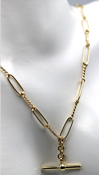 Genuine New Handmade PaperClip 9ct Yellow, Rose or White Gold Paper Clip Chain Necklace with T-Bar