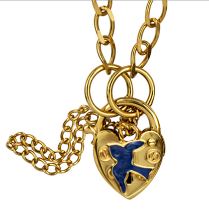 9ct Yellow Gold ID Figaro Child Bracelet Heart Padlock Blue Bird