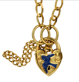 9ct Yellow Gold ID Figaro Child Bracelet Heart Padlock Blue Bird -Free Post