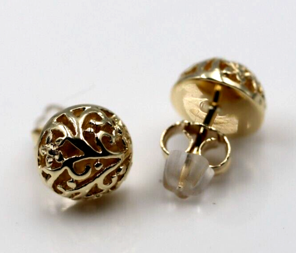 Genuine New 9k 9ct Yellow, Rose or White Gold Half Ball 10mm Stud Filigree Flower Earrings