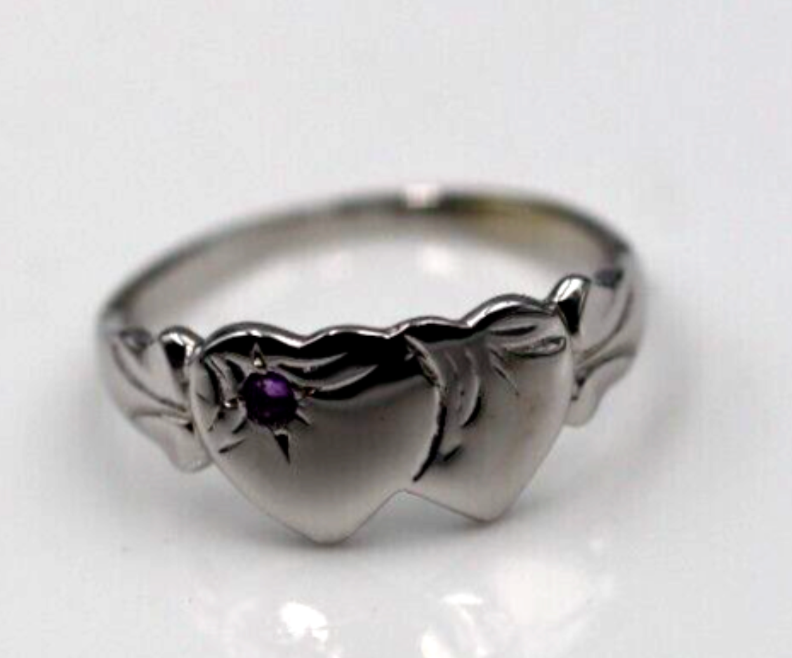 Size Q 9ct Yellow, Rose or White Gold 375 Amethyst (Birthstone Of February) Double Heart Signet Ring