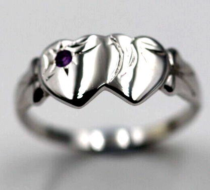 Size Q 9ct Yellow, Rose or White Gold 375 Amethyst (Birthstone Of February) Double Heart Signet Ring