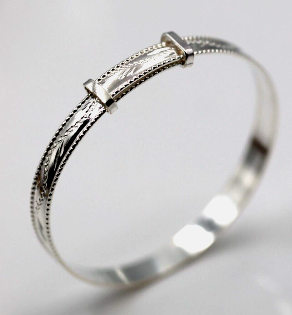 Sterling Silver 925 5mm Childs Rope Edge Engraved Expanding Adjustable Bangle