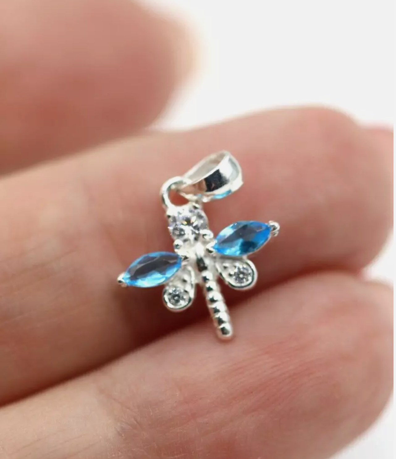 Small Sterling Silver 925 Blue Topaz Dragonfly Pendant Charm