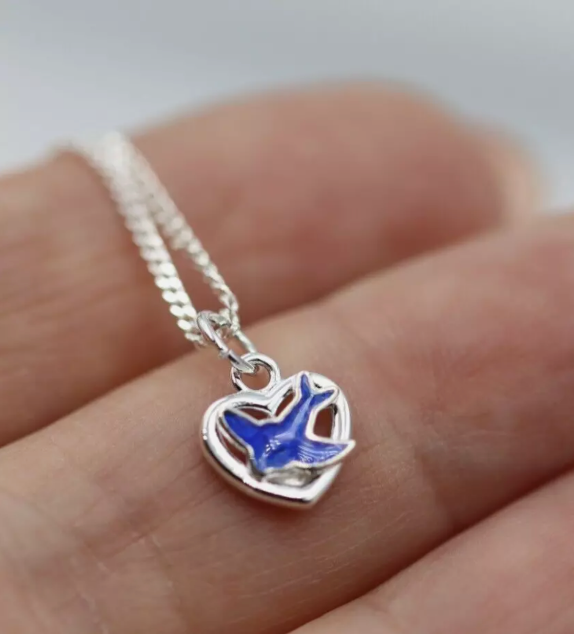 Sterling Silver Heart Enamel Blue Bird Pendant / Charm + 42cm Necklace-Free Post