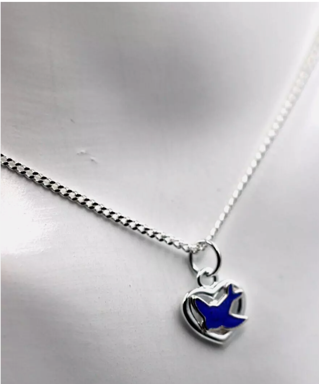 Sterling Silver Heart Enamel Blue Bird Pendant / Charm + 42cm Necklace-Free Post