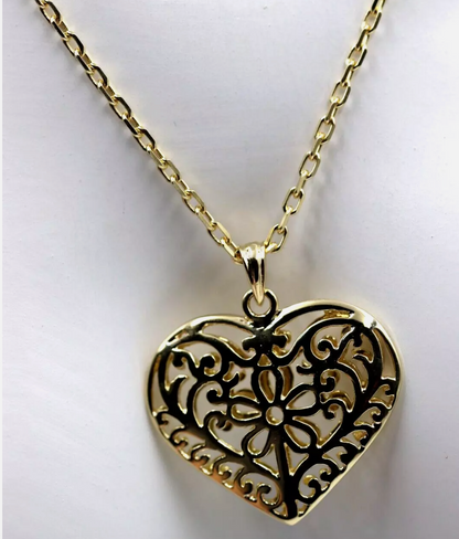 18ct Large Yellow Gold Filigree Double Sided Heart Pendant + 60cm Necklace