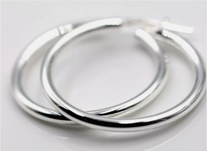 Sterling Silver 925 35mm Large Round 3mm tube Plain Hoop Earrings