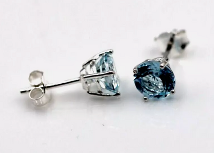 Genuine Sterling Silver 925 7mm Natural Blue Topaz Bezel Stud Earrings