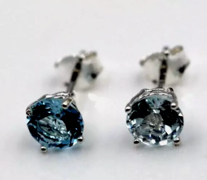 Genuine Sterling Silver 925 7mm Natural Blue Topaz Bezel Stud Earrings