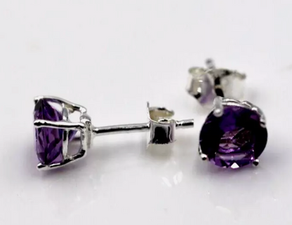 Genuine Sterling Silver 925 7mm Natural Amethyst Stud Earrings