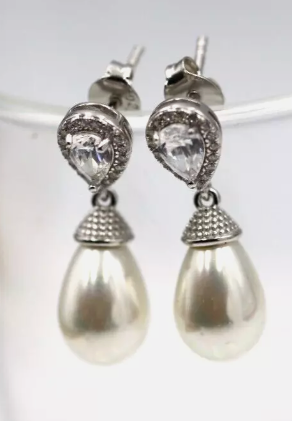 Sterling Silver 925 CZ-Set Shell Pearl Drop Post Earrings