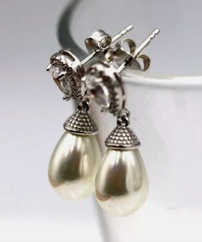 Sterling Silver 925 CZ-Set Shell Pearl Drop Post Earrings