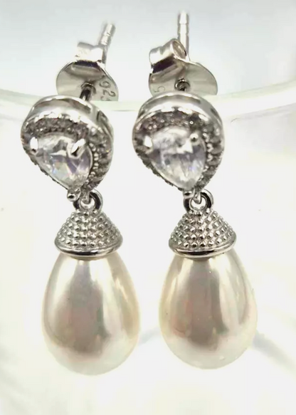 Sterling Silver 925 CZ-Set Shell Pearl Drop Post Earrings