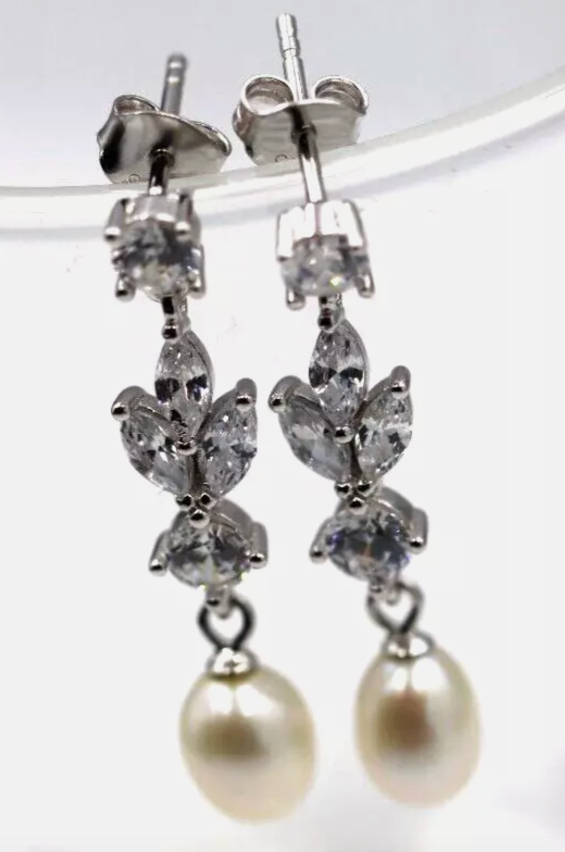 Sterling Silver CZ-Set Shell Pearl Drop Post Chandelier Earrings