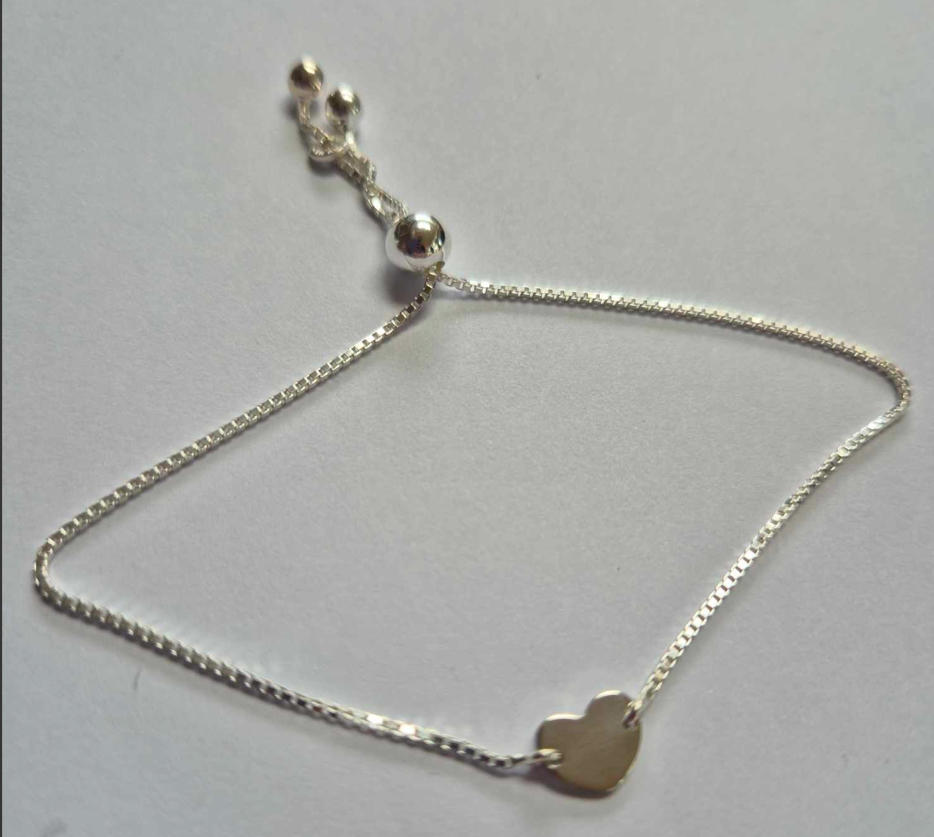 Sterling Silver 925 Bracelet with Heart Plaque, Adjustable Box Link