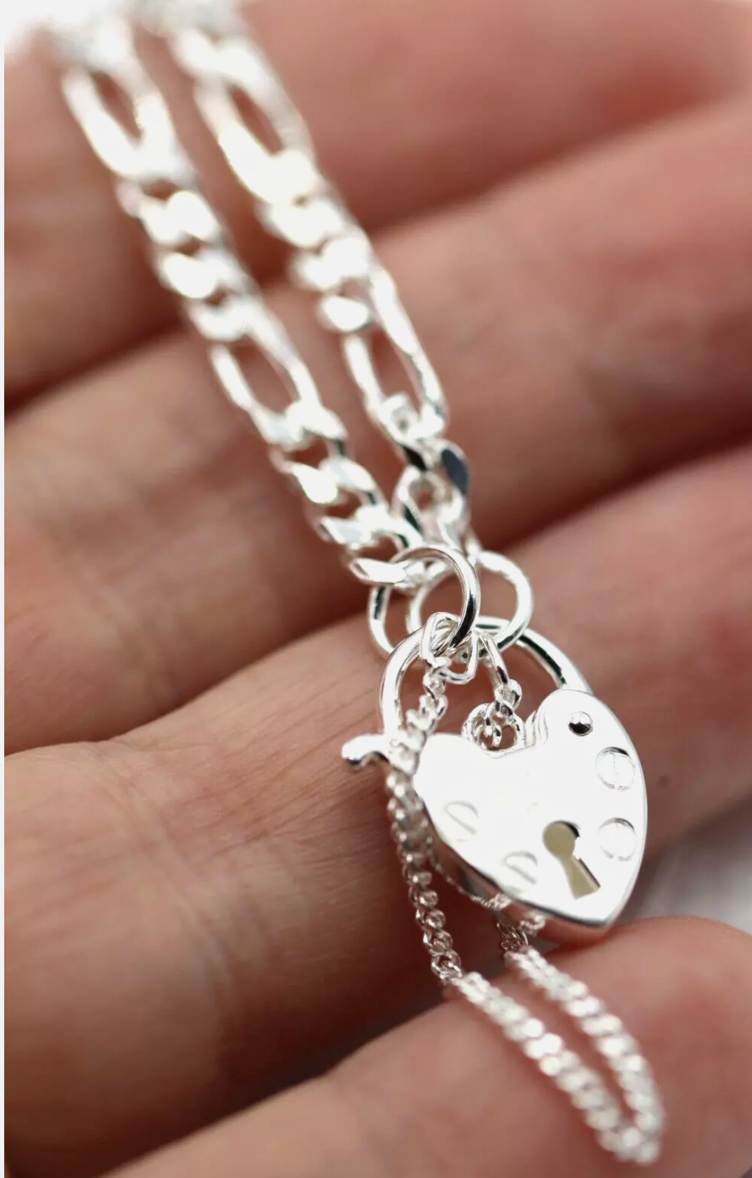 Genuine 925 Sterling Silver Heart Bevelled Figaro Padlock Bracelet