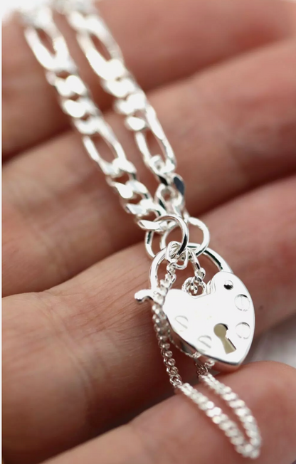 Genuine 925 Sterling Silver Heart Bevelled Figaro Padlock Bracelet