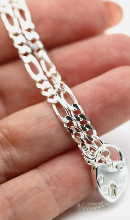 Genuine 925 Sterling Silver Heart Bevelled Figaro Padlock Bracelet