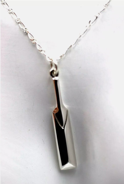 Large Sterling Silver Solid Cricket Bat Pendant / Charm + Figaro Necklace Chain