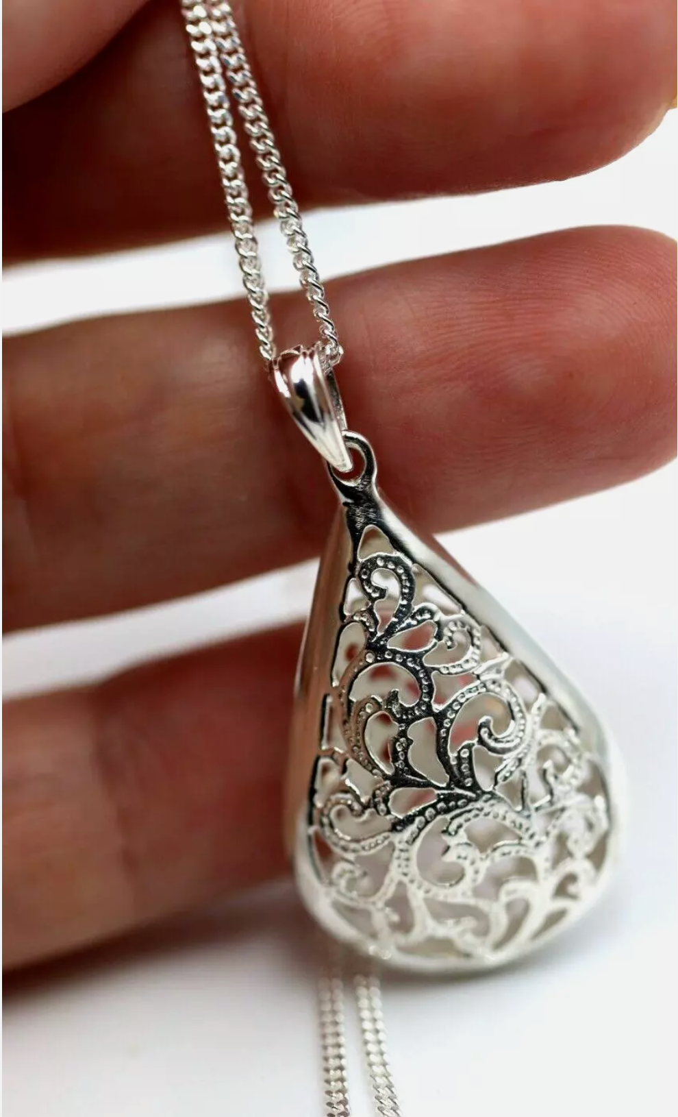 Sterling Silver 925 Tear Drop Teardrop Filigree Pendant + Necklace