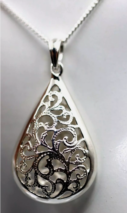 Sterling Silver 925 Tear Drop Teardrop Filigree Pendant + Necklace