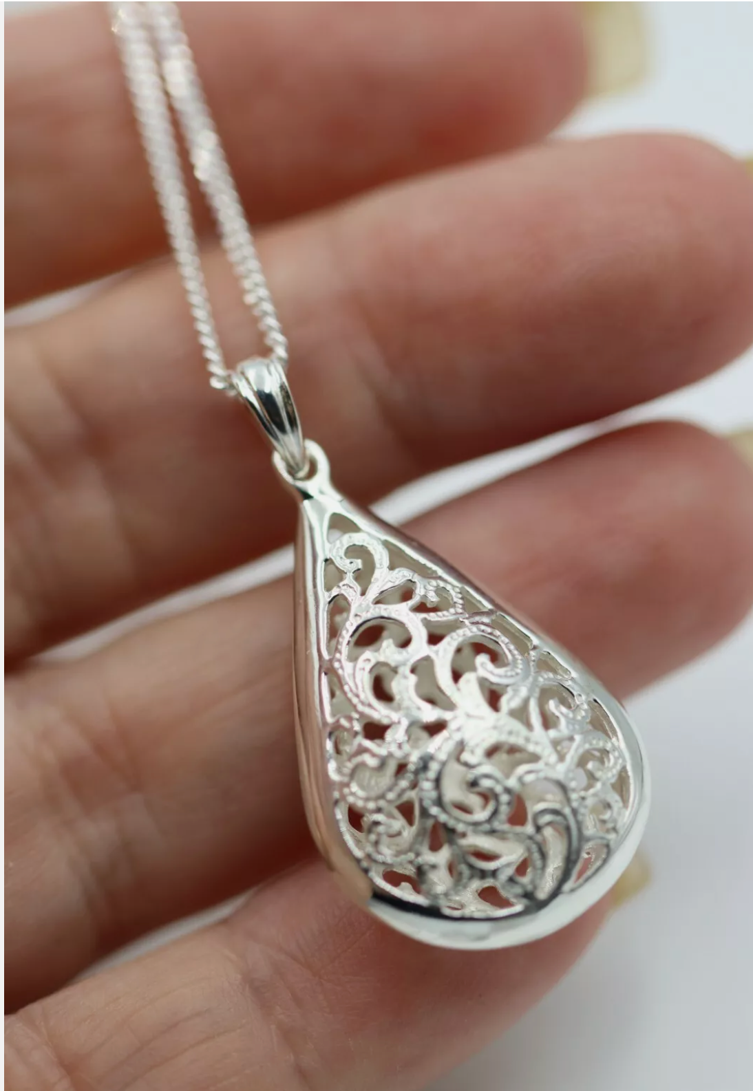 Sterling Silver 925 Tear Drop Teardrop Filigree Pendant + Necklace