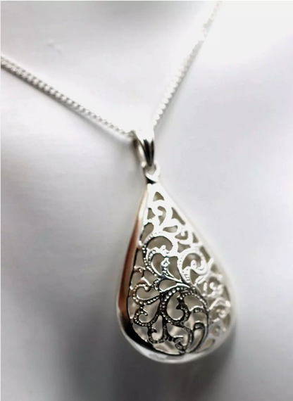 Sterling Silver 925 Tear Drop Teardrop Filigree Pendant + Necklace