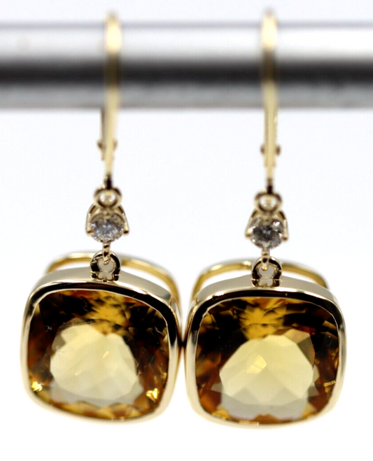 Genuine 9ct Yellow Gold 375 Diamond Cushion Cut Citrine Earrings