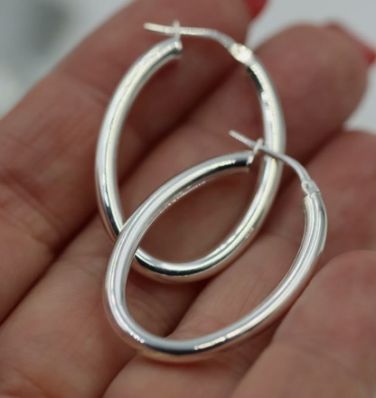 Genuine Sterling Silver 925 Oval Hoops Earrings Plain 33mm x 23mm