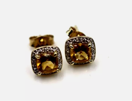 Genuine New 9ct Yellow Gold 9ct Gold diamond + Citrine Stud Earrings