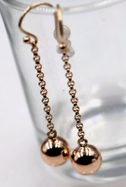 Genuine New 9ct 9Kt Rose Gold 10mm Ball Drop Chain Stud Earrings