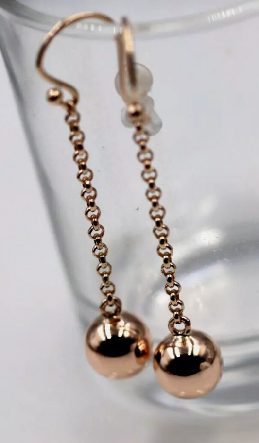 Genuine New 9ct 9Kt Rose Gold 10mm Ball Drop Chain Stud Earrings