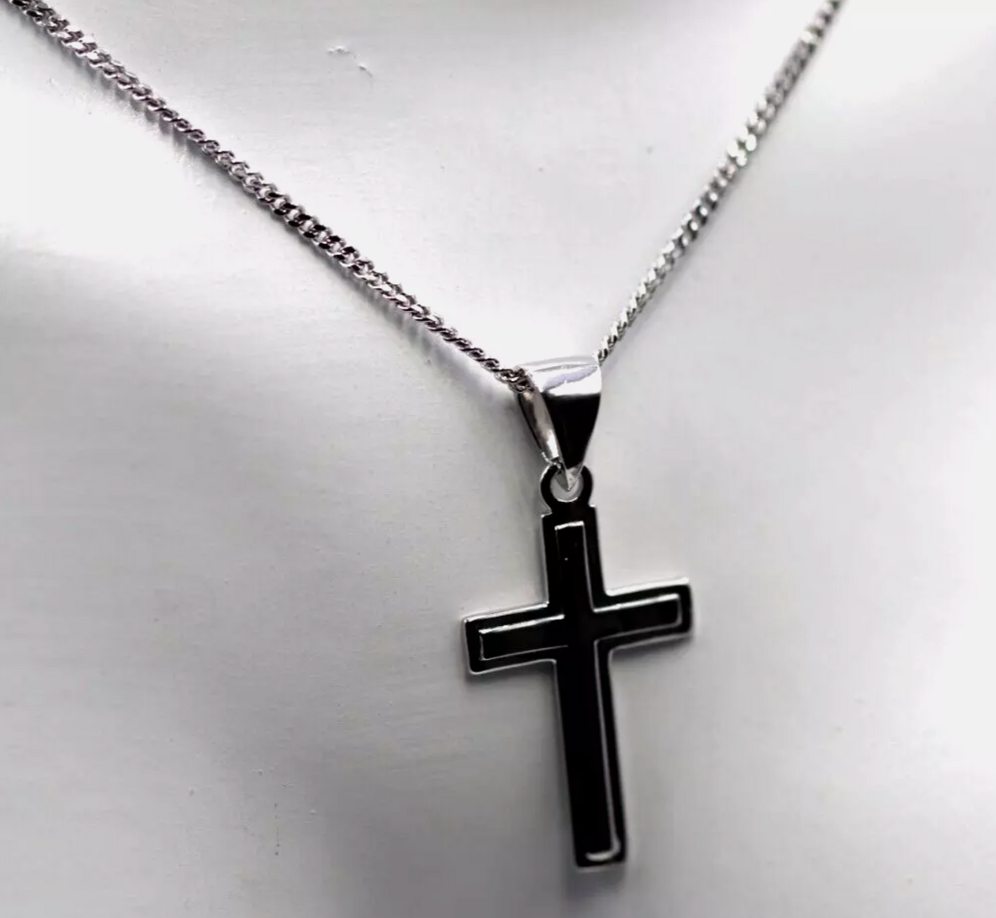 Genuine Small New 9ct 9K White Gold Plain Cross Pendant + Necklace Chain 50cm