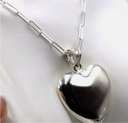 Sterling Silver 925 Paperclip Necklace + Large Puffy Heart Pendant