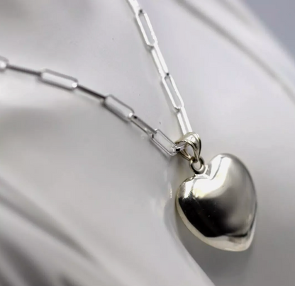 Sterling Silver 925 Paperclip Necklace + Medium Puffy Heart Pendant