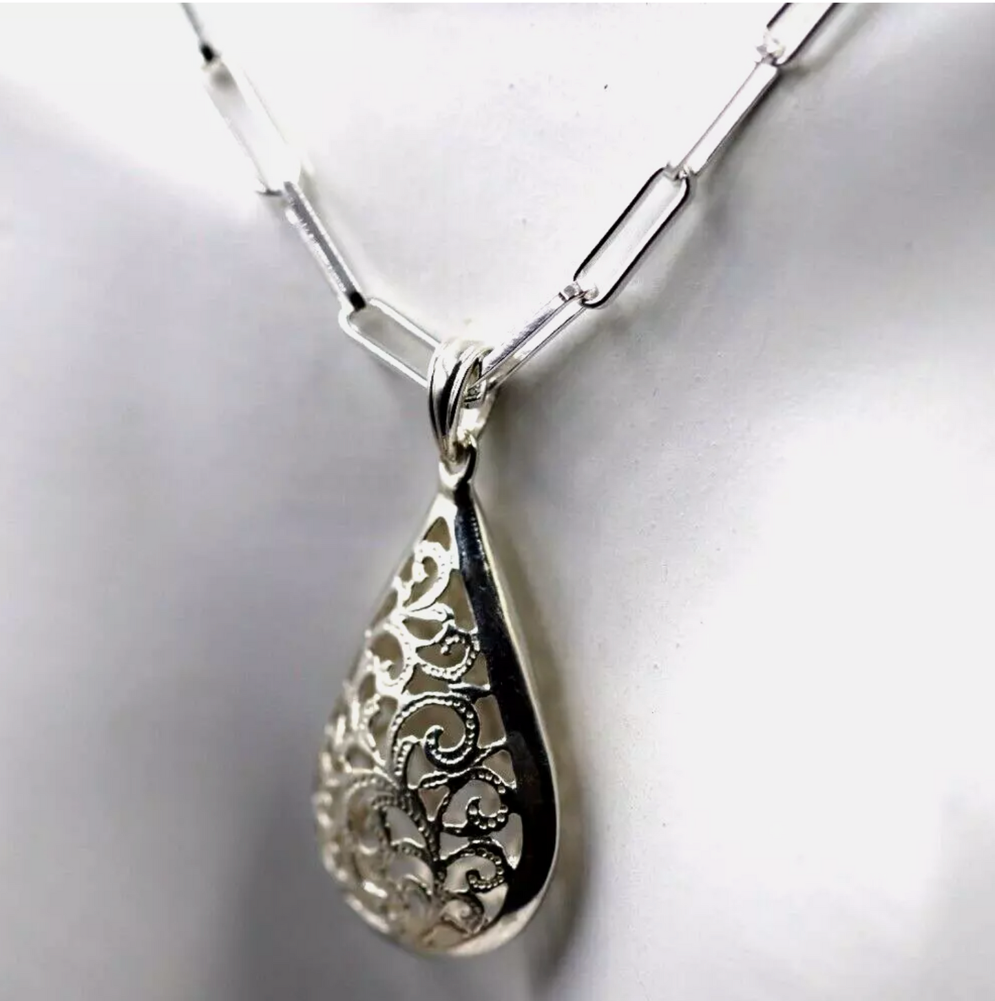 Sterling Silver 925 Paperclip Necklace + Filigree Teardrop Pendant