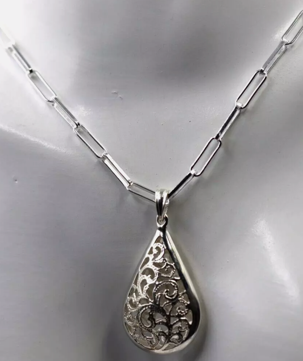 Sterling Silver 925 Paperclip Necklace + Filigree Teardrop Pendant