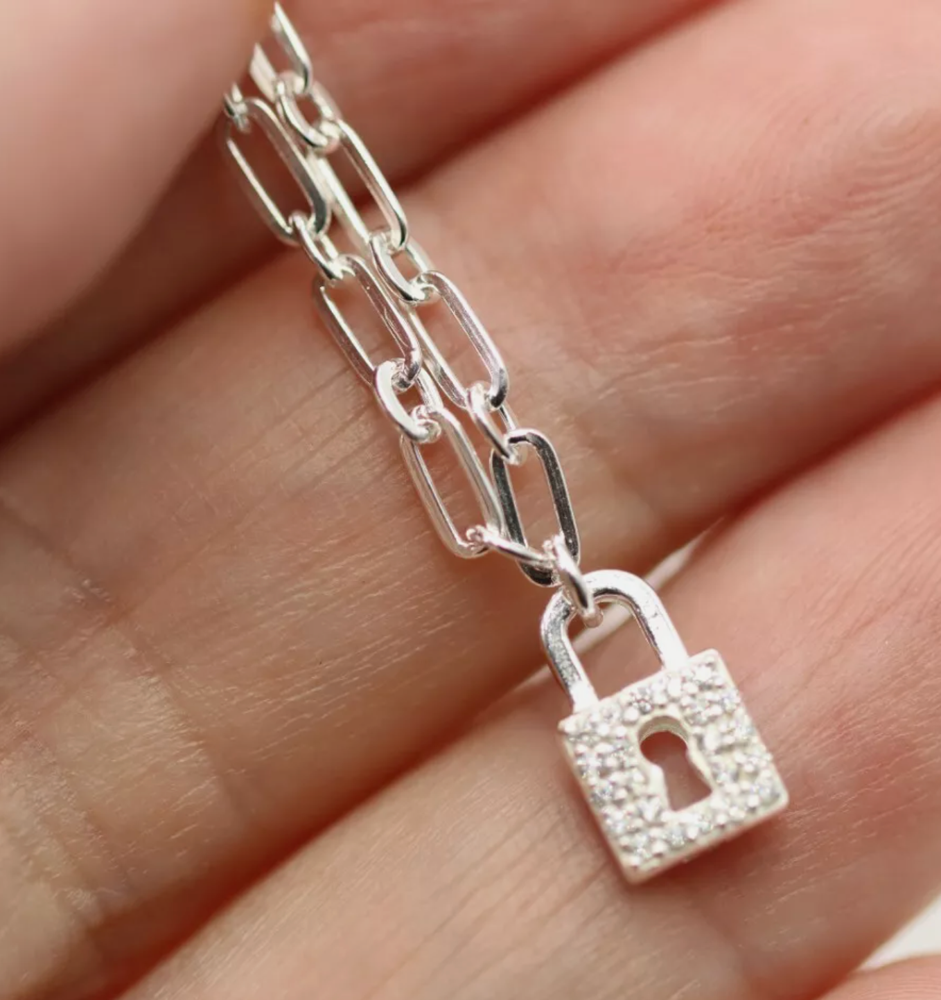 Sterling Silver 925 19cm Charm Paperclip Bracelet White Cz Padlock, Heart & Key