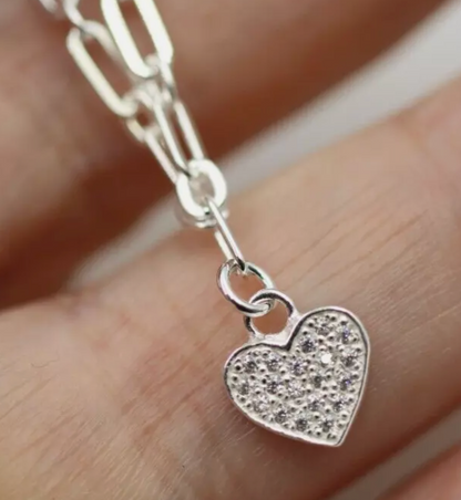 Sterling Silver 925 19cm Charm Paperclip Bracelet White Cz Padlock, Heart & Key