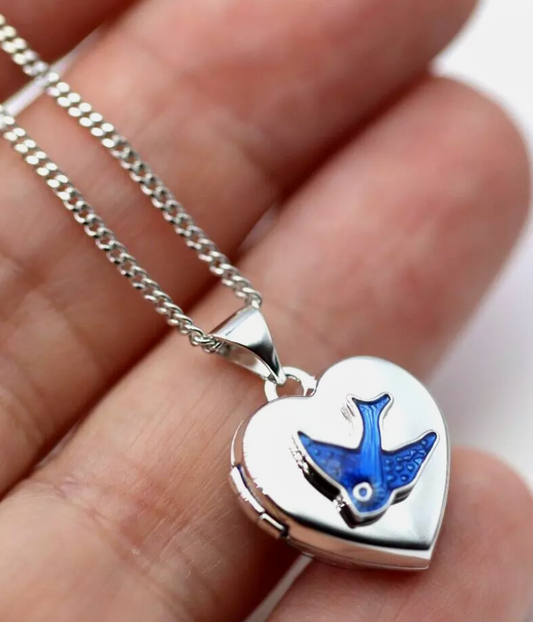 Sterling Silver 925 Heart Enamel Blue Bird Locket Pendant + 45cm Necklace