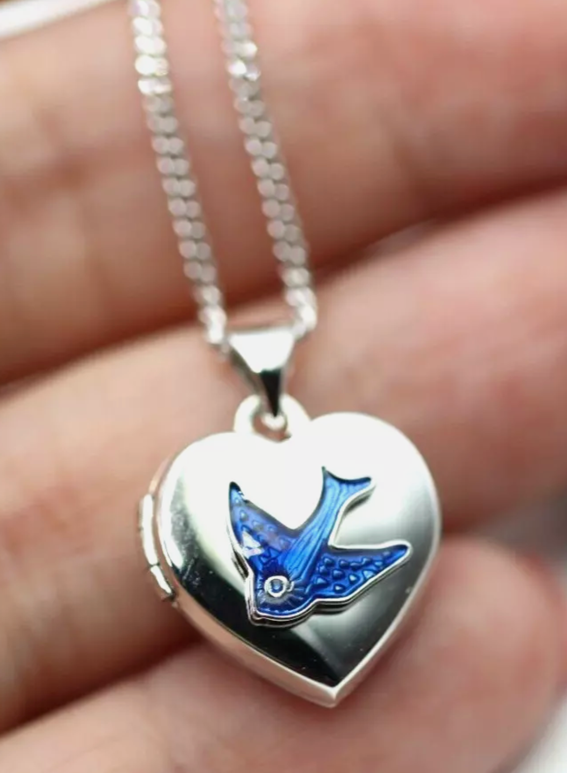 Sterling Silver 925 Heart Enamel Blue Bird Locket Pendant + 45cm Necklace