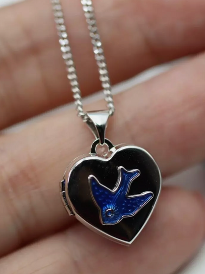 Sterling Silver 925 Heart Enamel Blue Bird Locket Pendant + 45cm Necklace