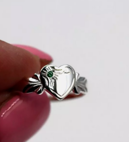 Sterling Silver 925 May Birthstone Heart Signet Ring + Emerald CZ