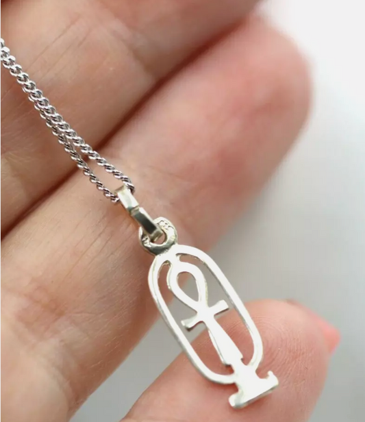 Sterling Silver 925 Cartouche In Ankh Charm / Pendant + 45cm Necklace