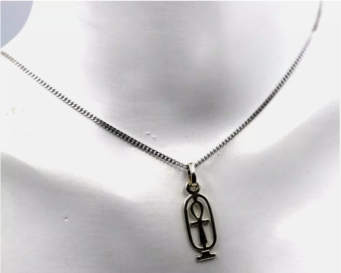 Sterling Silver 925 Cartouche In Ankh Charm / Pendant + 45cm Necklace