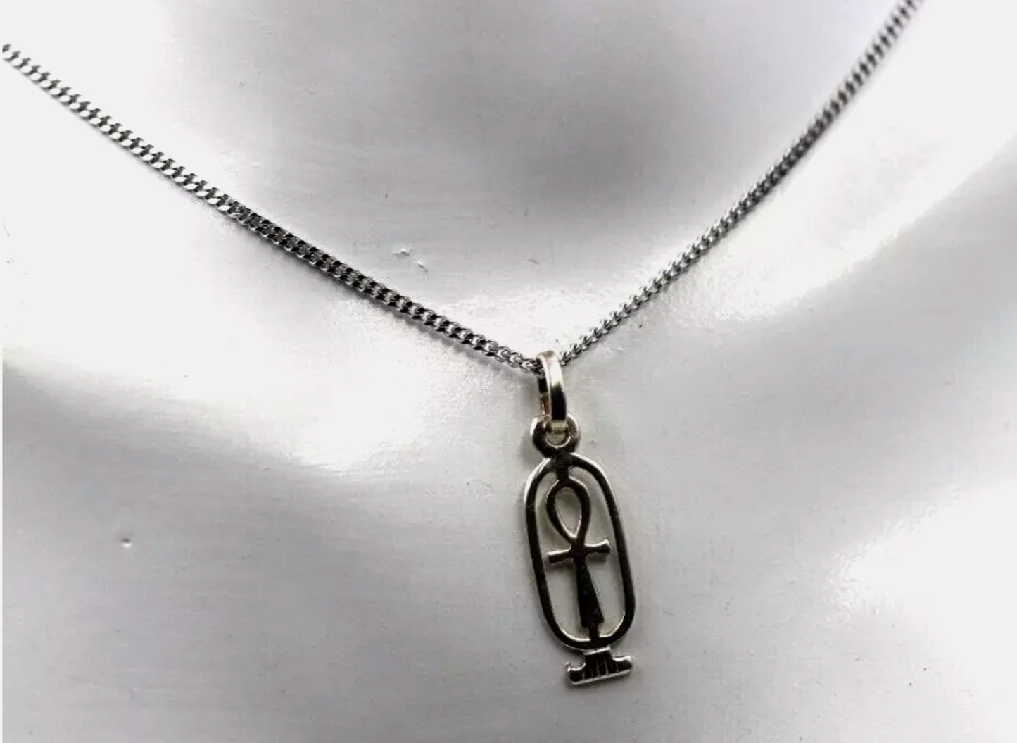 Sterling Silver 925 Cartouche In Ankh Charm / Pendant + 45cm Necklace