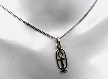 Sterling Silver 925 Cartouche In Ankh Charm / Pendant + 45cm Necklace