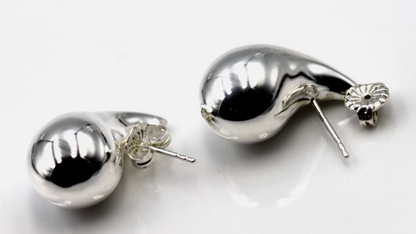 Genuine Large Sterling Silver 925 Bubble Teardrop Tear Drop Stud Earrings