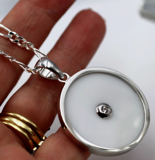 Sterling Silver 925 Large Round White Agate/White CZ Pendant + Chain
